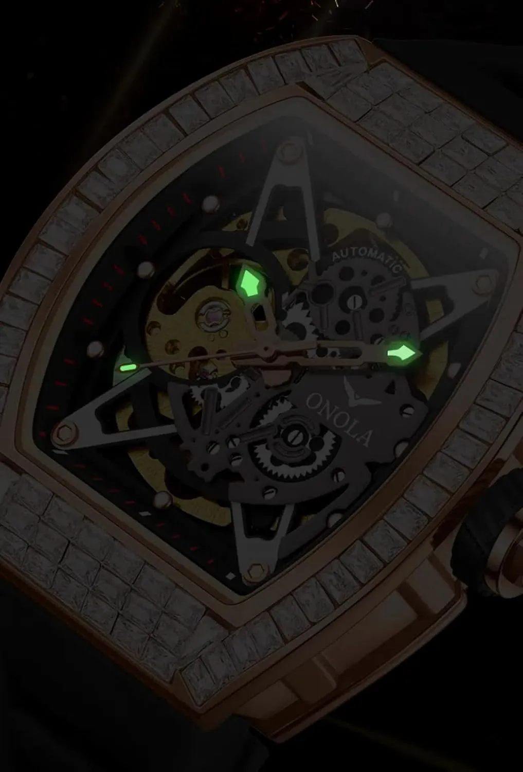 Hollow Skeleton Watches, Silicone Strap Waterproof Luminous Business Luxury courageous clumsy consecutive harm emulsion walnut Wristwatch Fashionable Square Diamond Automatic Mechanical Watch for Men, Double-Sided 