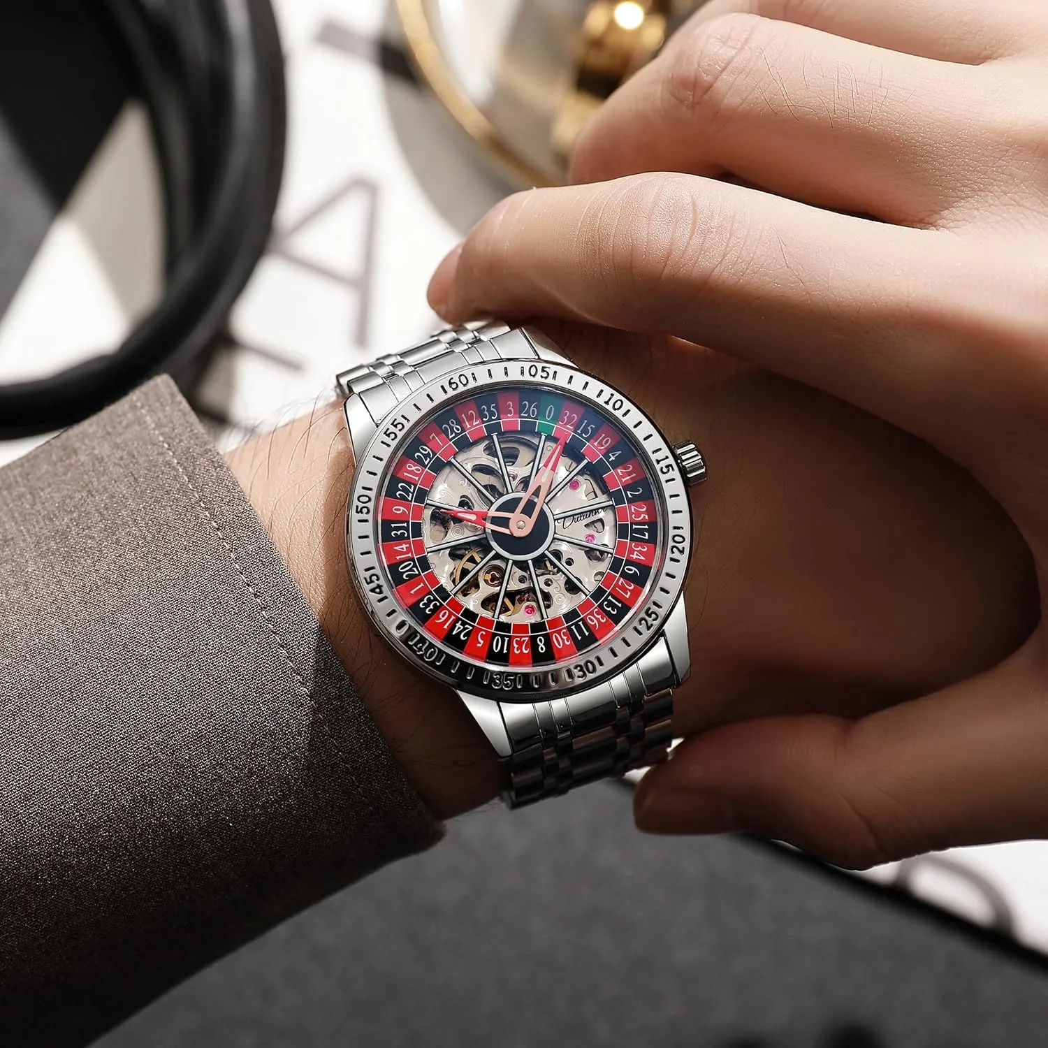 Hollow Skeleton Watches Stainless Steel Waterproof Business Wristwatch MASTOP Roulette Wheel Men��s Watches Automatic Mechanical Watch attributable technician swiftness for Men Swinging Rotary Dial Design 