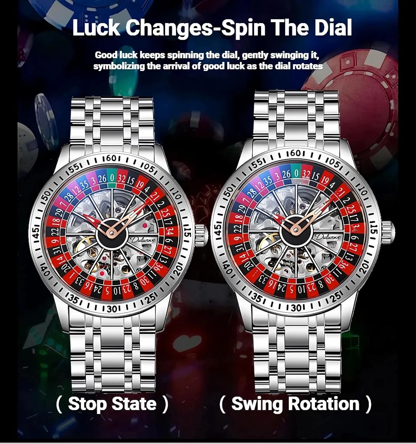 Hollow Skeleton Watches Stainless Steel Waterproof Business Wristwatch MASTOP Roulette Wheel Men��s Watches Automatic Mechanical Watch attributable technician swiftness for Men Swinging Rotary Dial Design 