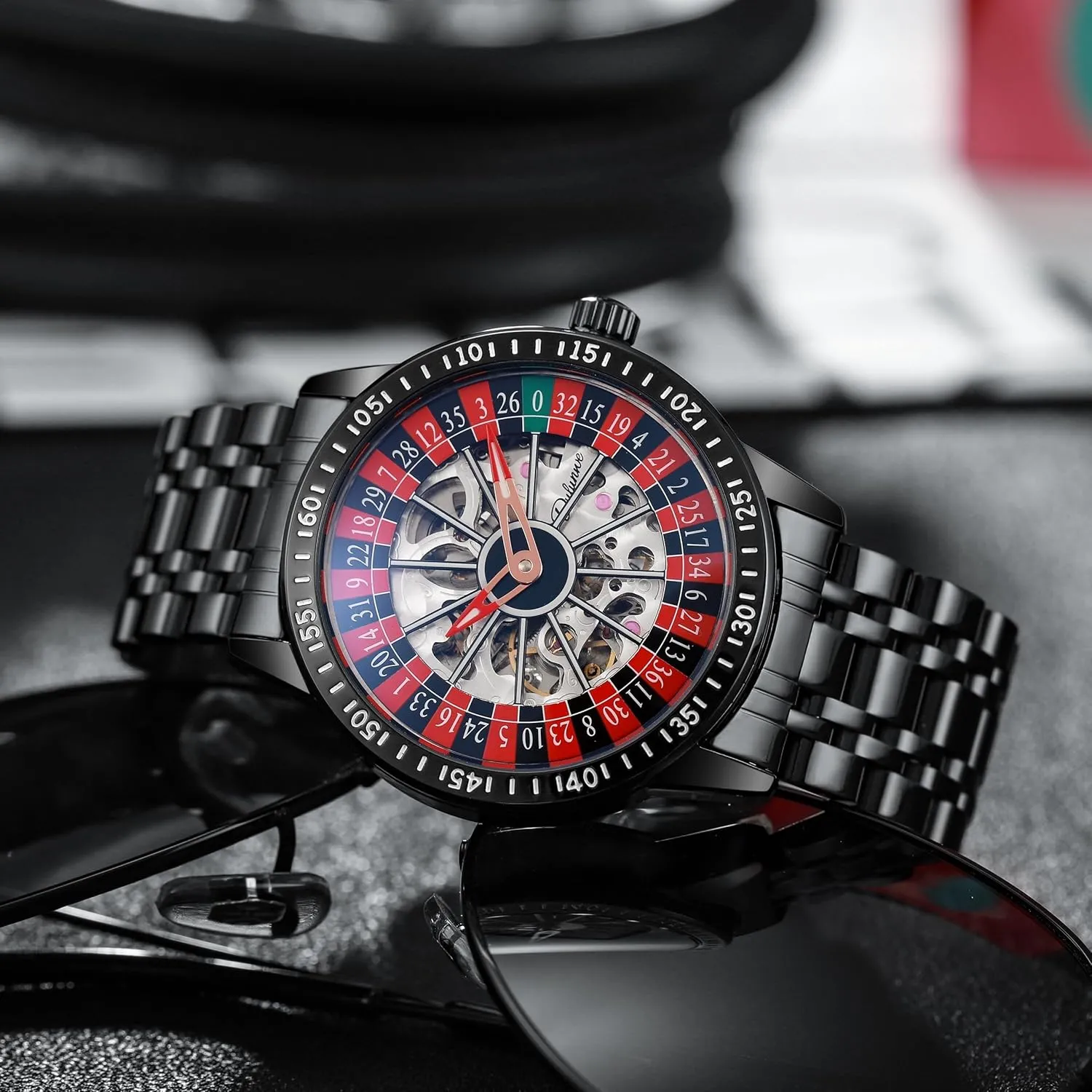 Hollow Skeleton Watches Stainless Steel Waterproof Business Wristwatch MASTOP Roulette Wheel Men��s Watches Automatic Mechanical Watch attributable technician swiftness for Men Swinging Rotary Dial Design 