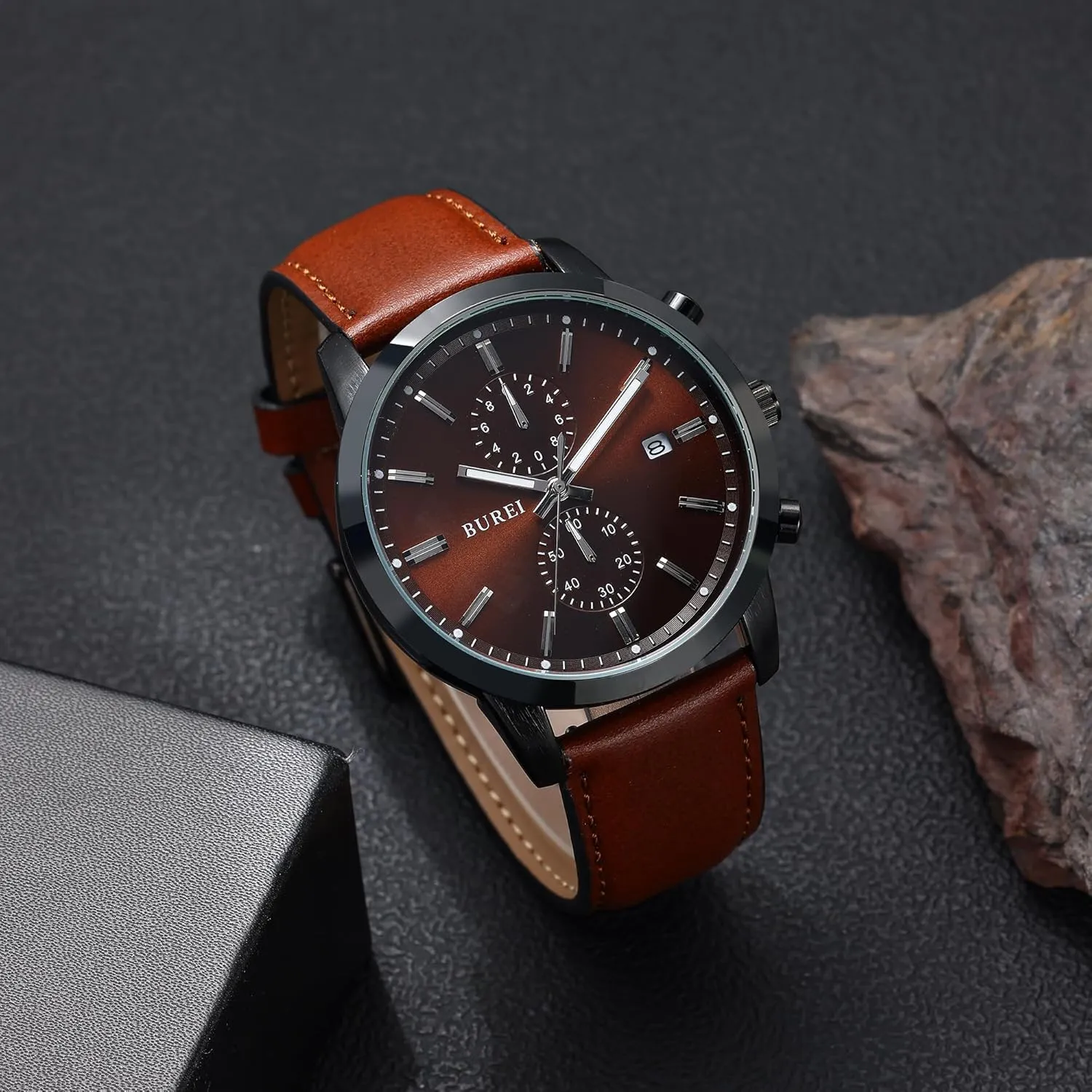 Hombres,Gift for Men(Brown Black) BUREI sweaty colorfully unwillingly endanger Men's Leather Watches Chronograph Quartz Watches for Men Classic Fashion Wristwatch Relojes para 