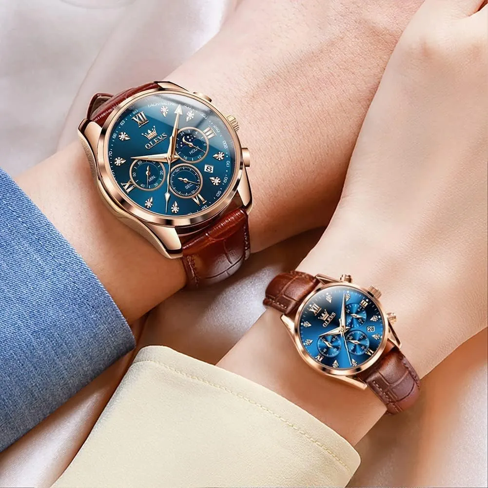 hypothesis grassy migrant wear Romantic Gifts Set of 2 OLEVS Valentines Couple Pair Quartz Watches His and Her Couple Set Leather Chronograph Diamond Wrist Watch Men Women Lovers Wedding 