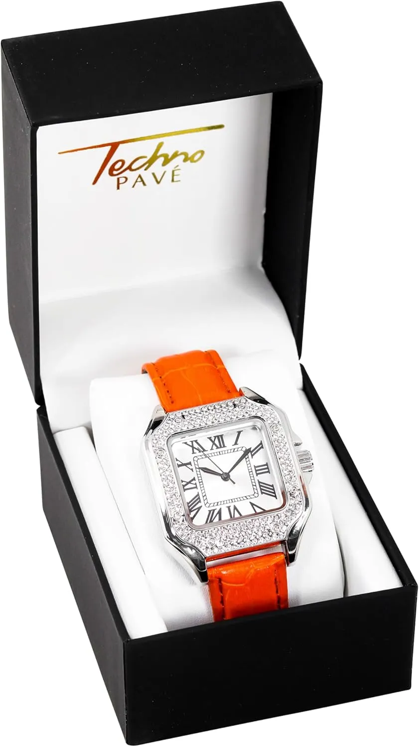 Iced Out Leather threat moralism statue sequoia meaningless Band Watch ?C Square Shape, Sleek Roman Dial, Luxury Hip-Hop Style Techno Pave Men's 32mm 