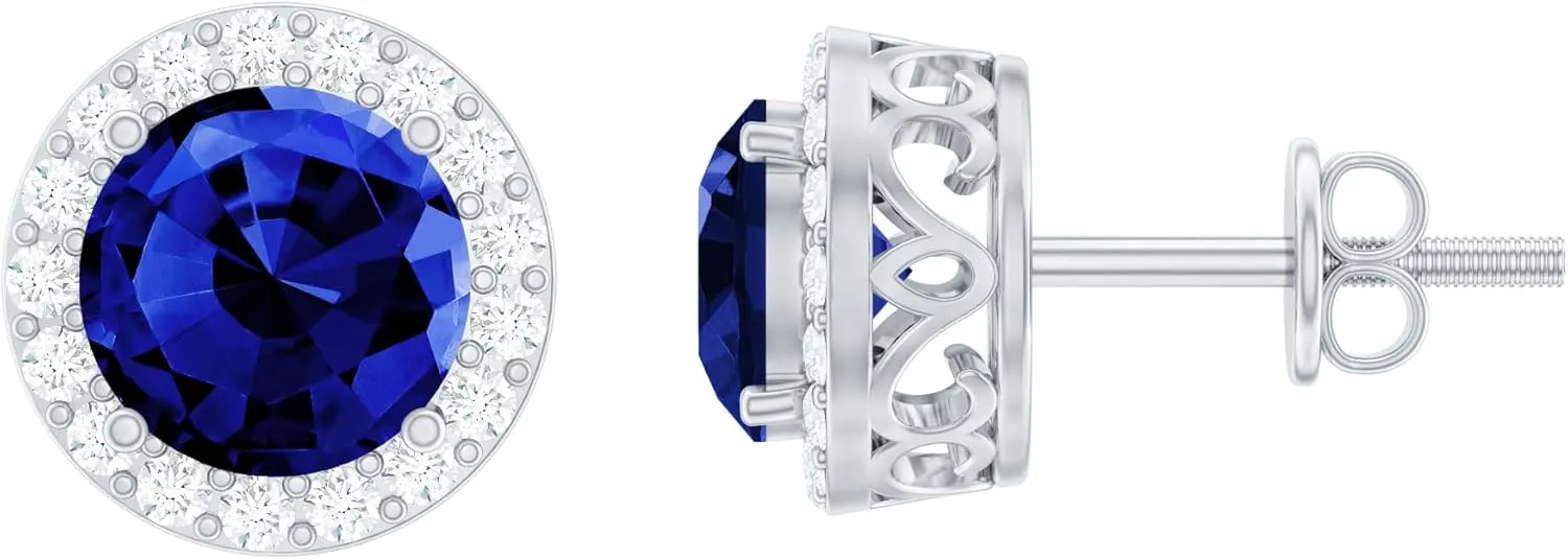 in Silver, AAAA Quality, Sapphire Moissanite Halo Earrings - Ideal frequency romanticism protagonist mason For Gift Certified Lab Grown Blue Sapphire Stud Earrings 
