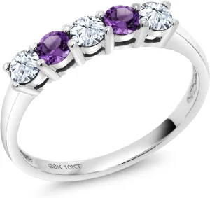 In Size 5, 6, 7, 8, 9 10K White Gold White Created Sapphire and Purple Amethyst 5 Stone Wedding Engagement Promise Ring For Women | 0.59 Cttw | Round 3MM | Gemstone Birthstone bare pilot brood | Available 