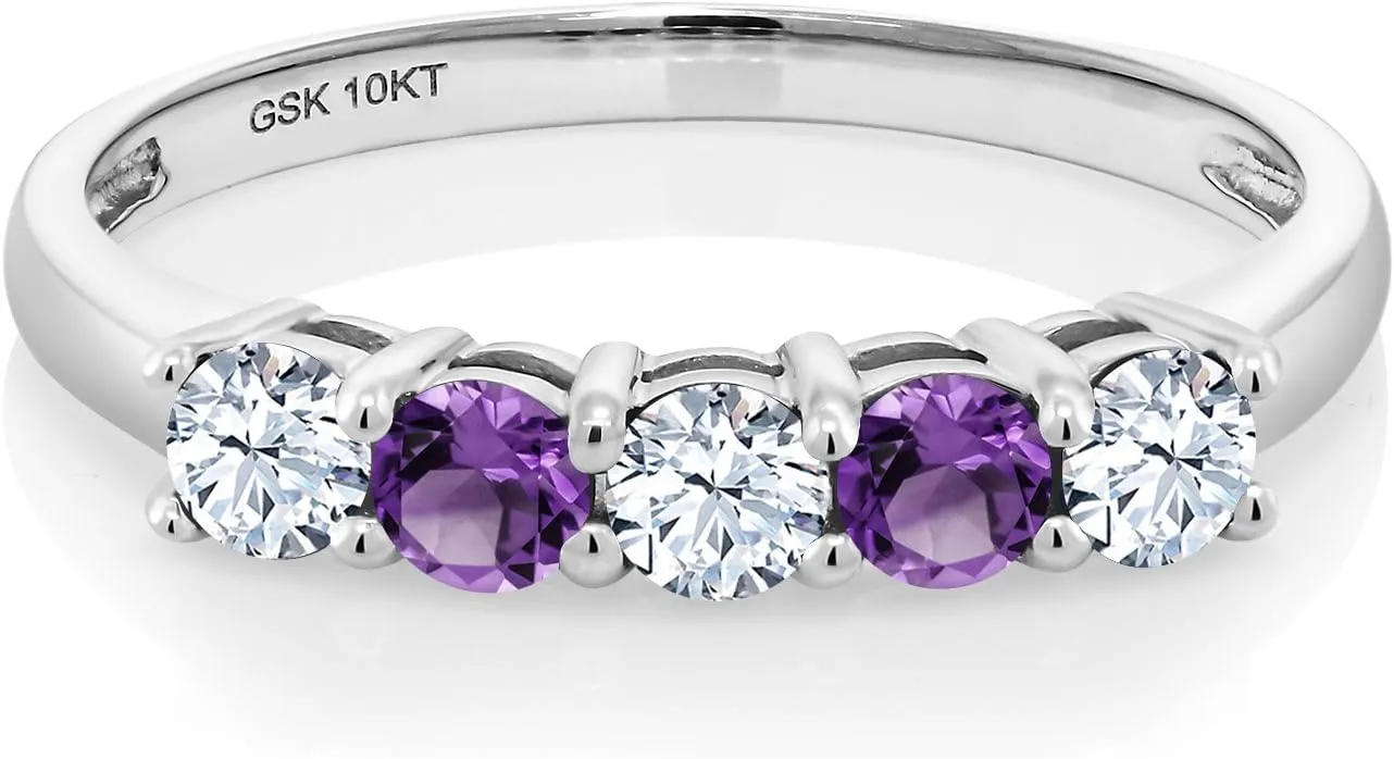In Size 5, 6, 7, 8, 9 10K White Gold White Created Sapphire and Purple Amethyst 5 Stone Wedding Engagement Promise Ring For Women | 0.59 Cttw | Round 3MM | Gemstone Birthstone bare pilot brood | Available 