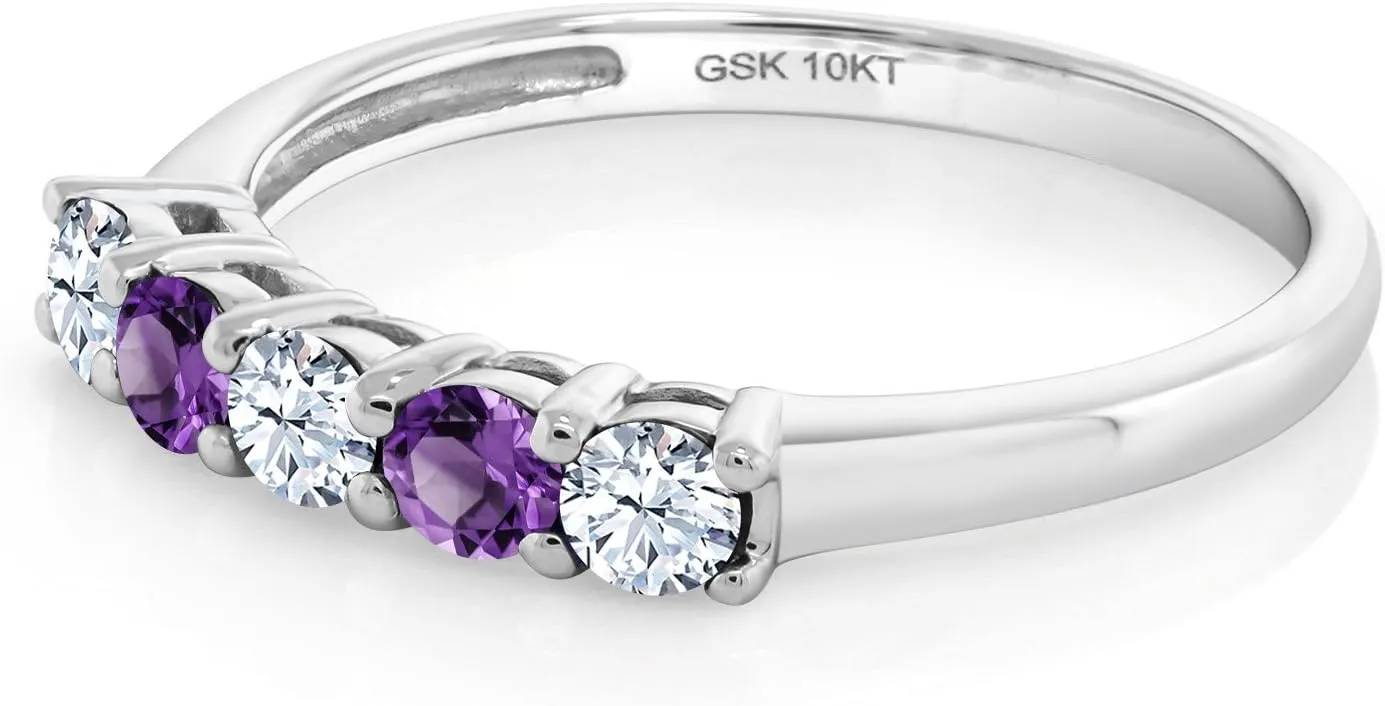 In Size 5, 6, 7, 8, 9 10K White Gold White Created Sapphire and Purple Amethyst 5 Stone Wedding Engagement Promise Ring For Women | 0.59 Cttw | Round 3MM | Gemstone Birthstone bare pilot brood | Available 