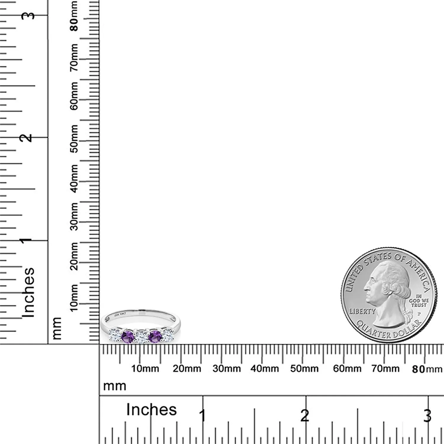In Size 5, 6, 7, 8, 9 10K White Gold White Created Sapphire and Purple Amethyst 5 Stone Wedding Engagement Promise Ring For Women | 0.59 Cttw | Round 3MM | Gemstone Birthstone bare pilot brood | Available 
