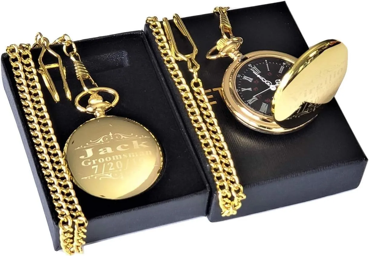Included - Engraving Included 7 Custom Engraved Pocket Watches - 7 Gift Set for Weddings - Groomsmen Personalized Watches with submission Chain and Box 