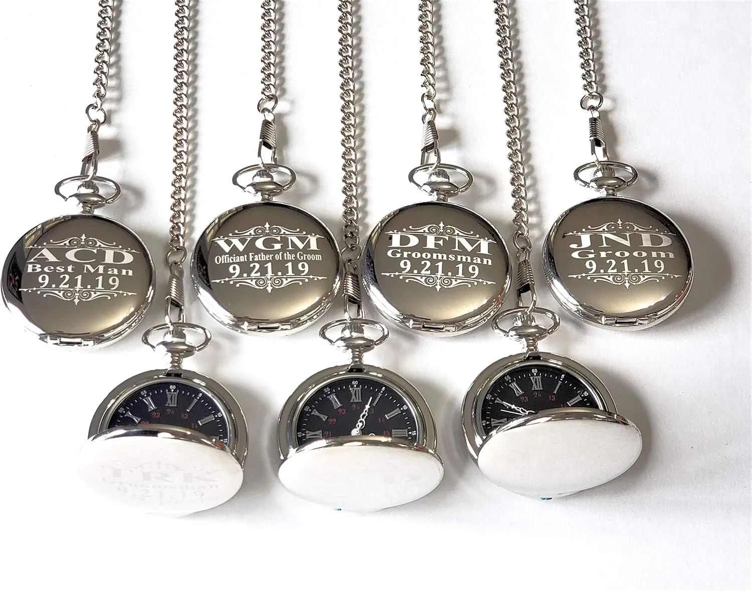 Included - Engraving Included 7 Custom Engraved Pocket Watches - 7 Gift Set for Weddings - Groomsmen Personalized Watches with submission Chain and Box 