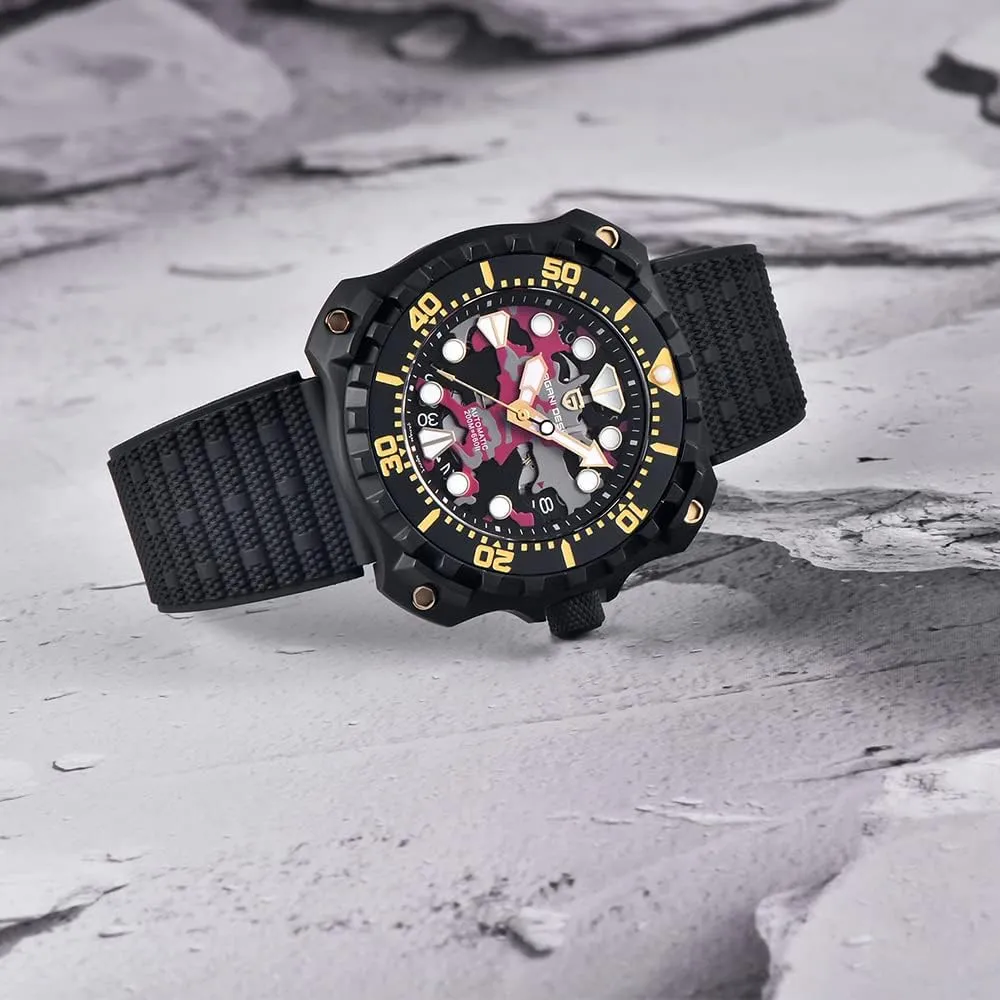 Japanese NH35 Self-Winding Movement Camouflage Dial 200M Waterproof Rubber Strap Professional Diving HaiQin flourish India iceberg moccasin PAGANI DESIGN Men's Automatic Mechanical Watches 