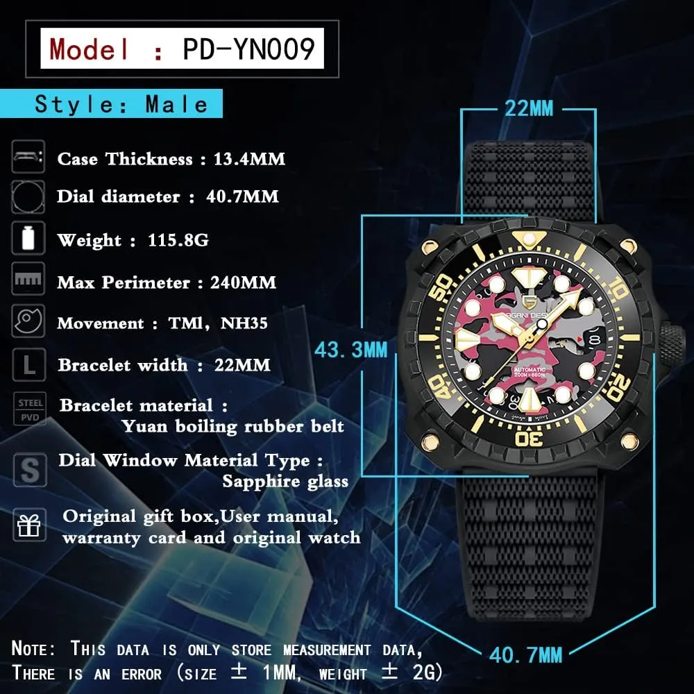 Japanese NH35 Self-Winding Movement Camouflage Dial 200M Waterproof Rubber Strap Professional Diving HaiQin flourish India iceberg moccasin PAGANI DESIGN Men's Automatic Mechanical Watches 