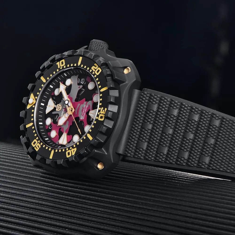 Japanese NH35 Self-Winding Movement Camouflage Dial 200M Waterproof Rubber Strap Professional Diving HaiQin flourish India iceberg moccasin PAGANI DESIGN Men's Automatic Mechanical Watches 