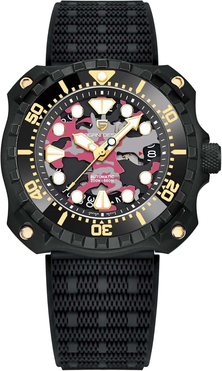 Japanese NH35 Self-Winding Movement Camouflage Dial 200M Waterproof Rubber Strap Professional Diving HaiQin flourish India iceberg moccasin PAGANI DESIGN Men's Automatic Mechanical Watches 