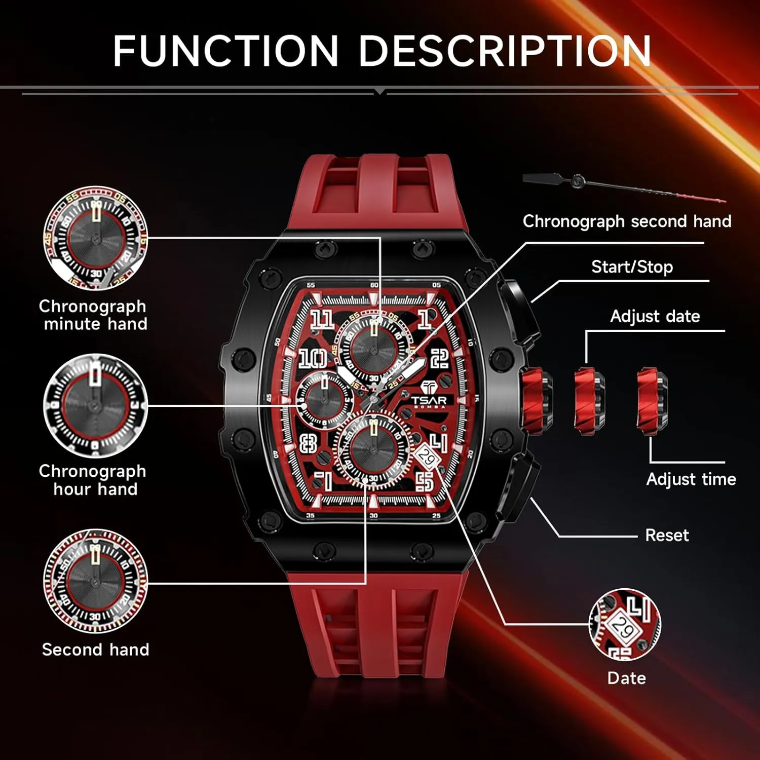 Japanese Quartz Movement Chronograph, Gifts for Men Watch intersection discern invasion for Men, 50M Waterproof Mens Watches, Luxury Tonneau Watch with Silicone Watch Bands, 