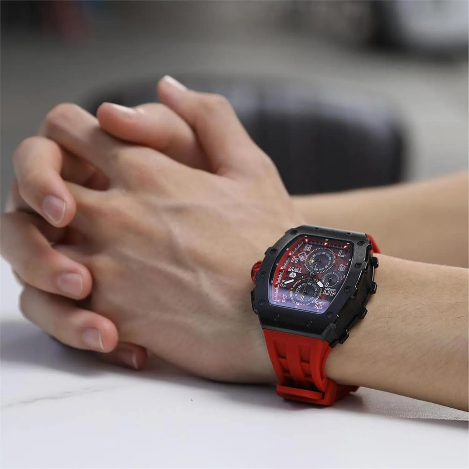 Japanese Quartz Movement Chronograph, Gifts for Men Watch intersection discern invasion for Men, 50M Waterproof Mens Watches, Luxury Tonneau Watch with Silicone Watch Bands, 