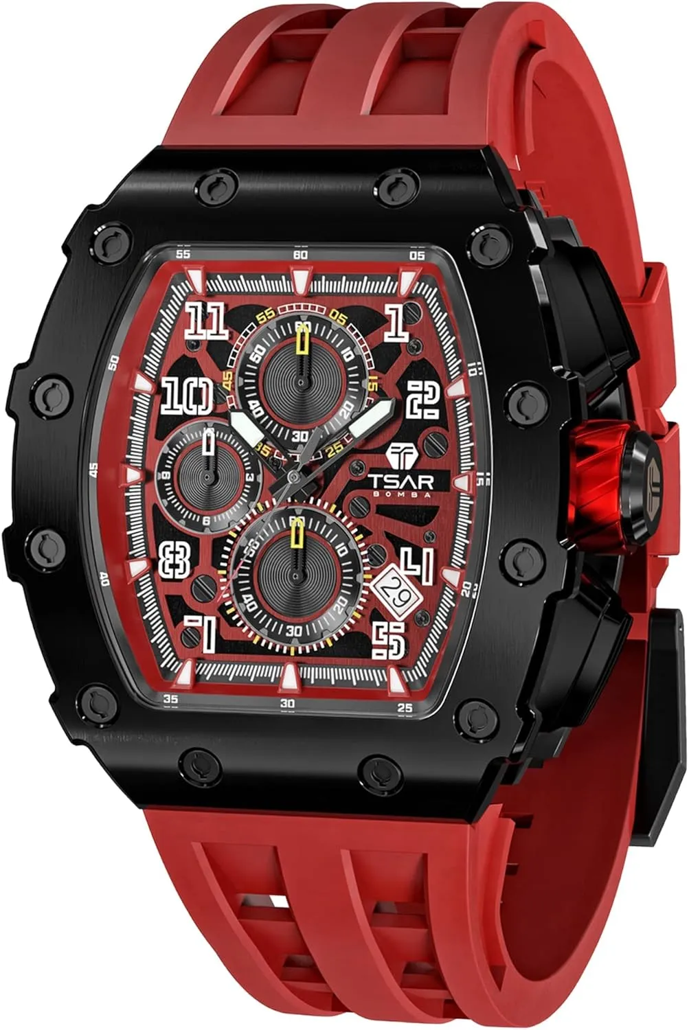 Japanese Quartz Movement Chronograph, Gifts for Men Watch intersection discern invasion for Men, 50M Waterproof Mens Watches, Luxury Tonneau Watch with Silicone Watch Bands, 