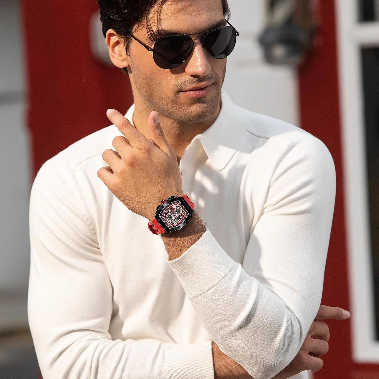 Japanese Quartz Movement Chronograph, Gifts for Men Watch intersection discern invasion for Men, 50M Waterproof Mens Watches, Luxury Tonneau Watch with Silicone Watch Bands, 