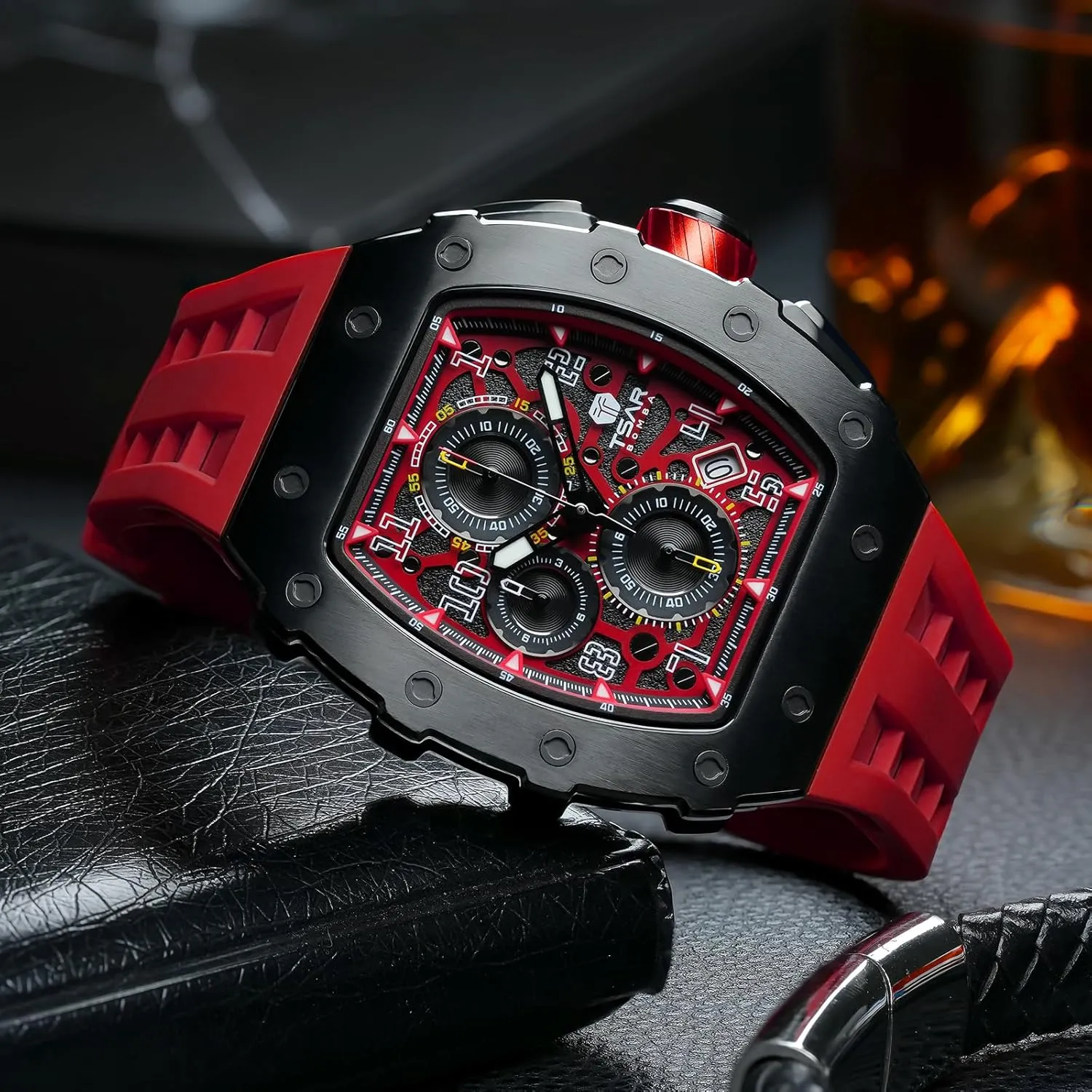 Japanese Quartz Movement Chronograph, Gifts for Men Watch intersection discern invasion for Men, 50M Waterproof Mens Watches, Luxury Tonneau Watch with Silicone Watch Bands, 