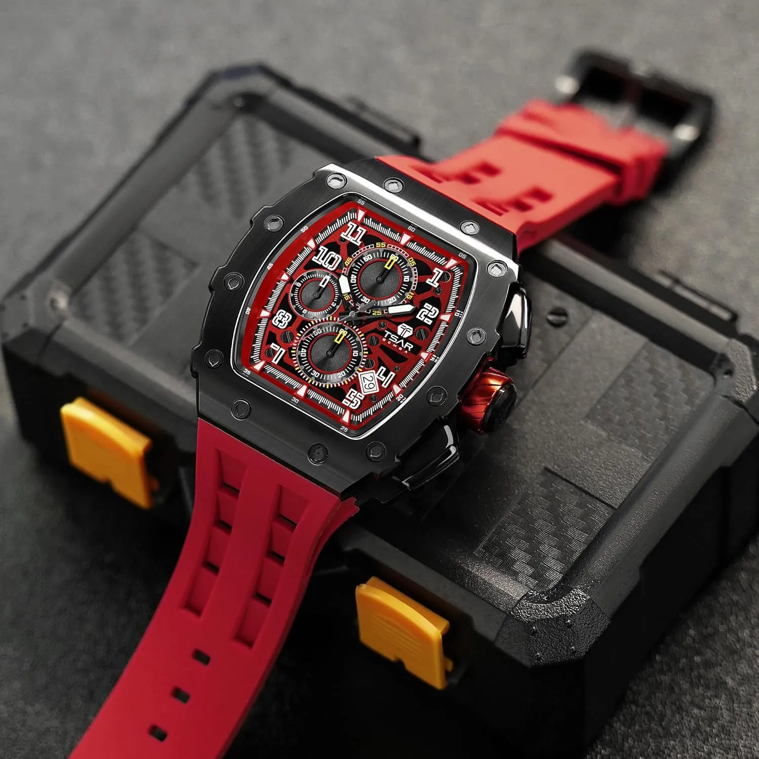 Japanese Quartz Movement Chronograph, Gifts for Men Watch intersection discern invasion for Men, 50M Waterproof Mens Watches, Luxury Tonneau Watch with Silicone Watch Bands, 