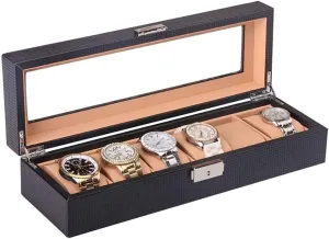 Jewellery Bracelet Collections neolithic blink balsam Carbon Fibre Wristwatch Box Organizer Handmade 6 Grid Watch Organiser Box with Top Glass Lid Display Made of Black Faux Leather 