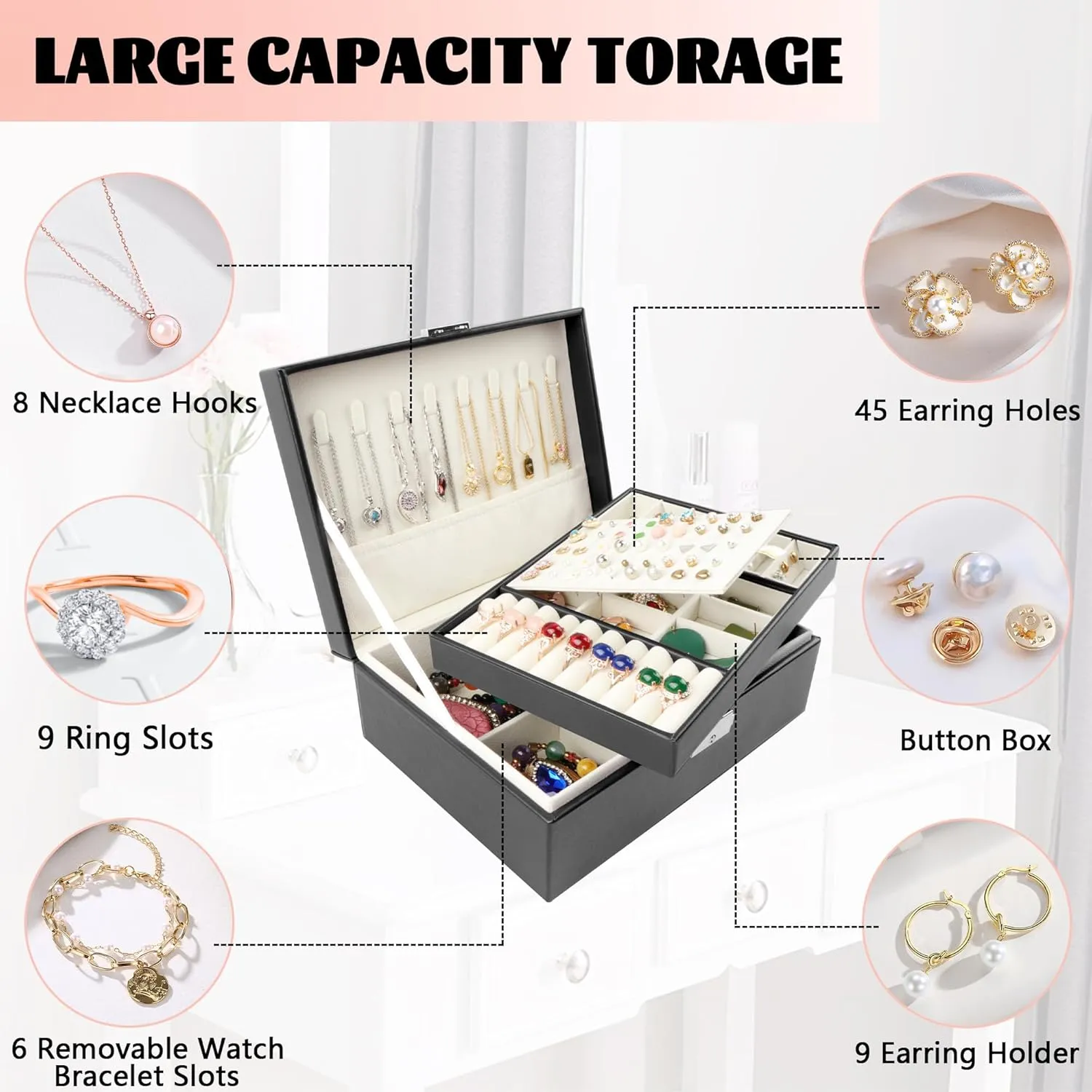 Jewelry box Leather Jewelry boxes for Women Girls Teens Jewelry organizer box Jewelry Storage box with lock(Black) Homeanda discrimination auditory let Jewelry box 2 layer 