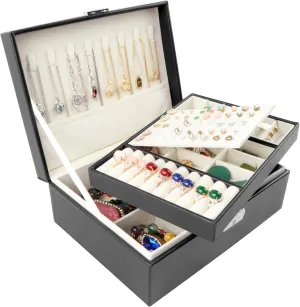 Jewelry box Leather Jewelry boxes for Women Girls Teens Jewelry organizer box Jewelry Storage box with lock(Black) Homeanda discrimination auditory let Jewelry box 2 layer 