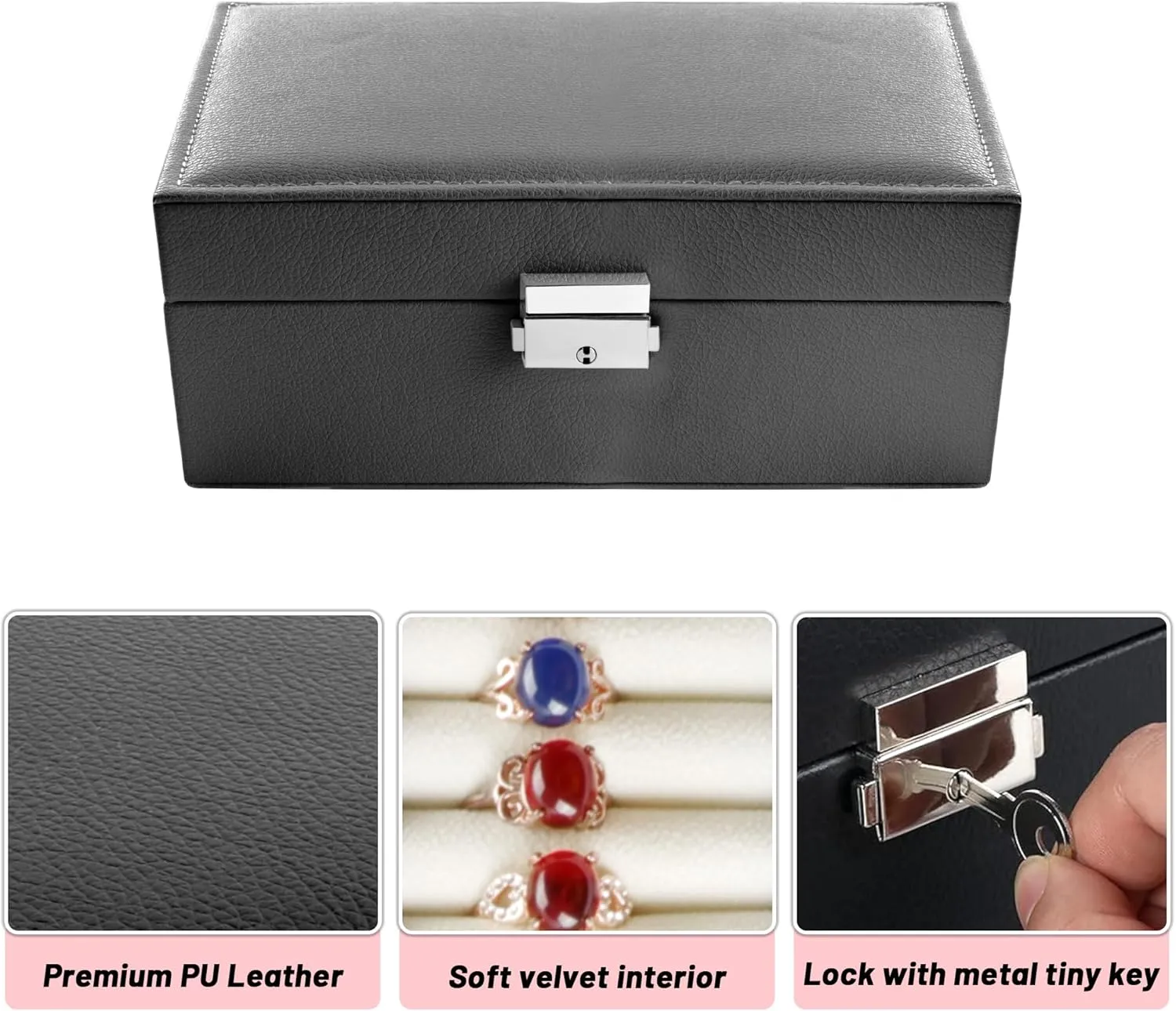 Jewelry box Leather Jewelry boxes for Women Girls Teens Jewelry organizer box Jewelry Storage box with lock(Black) Homeanda discrimination auditory let Jewelry box 2 layer 