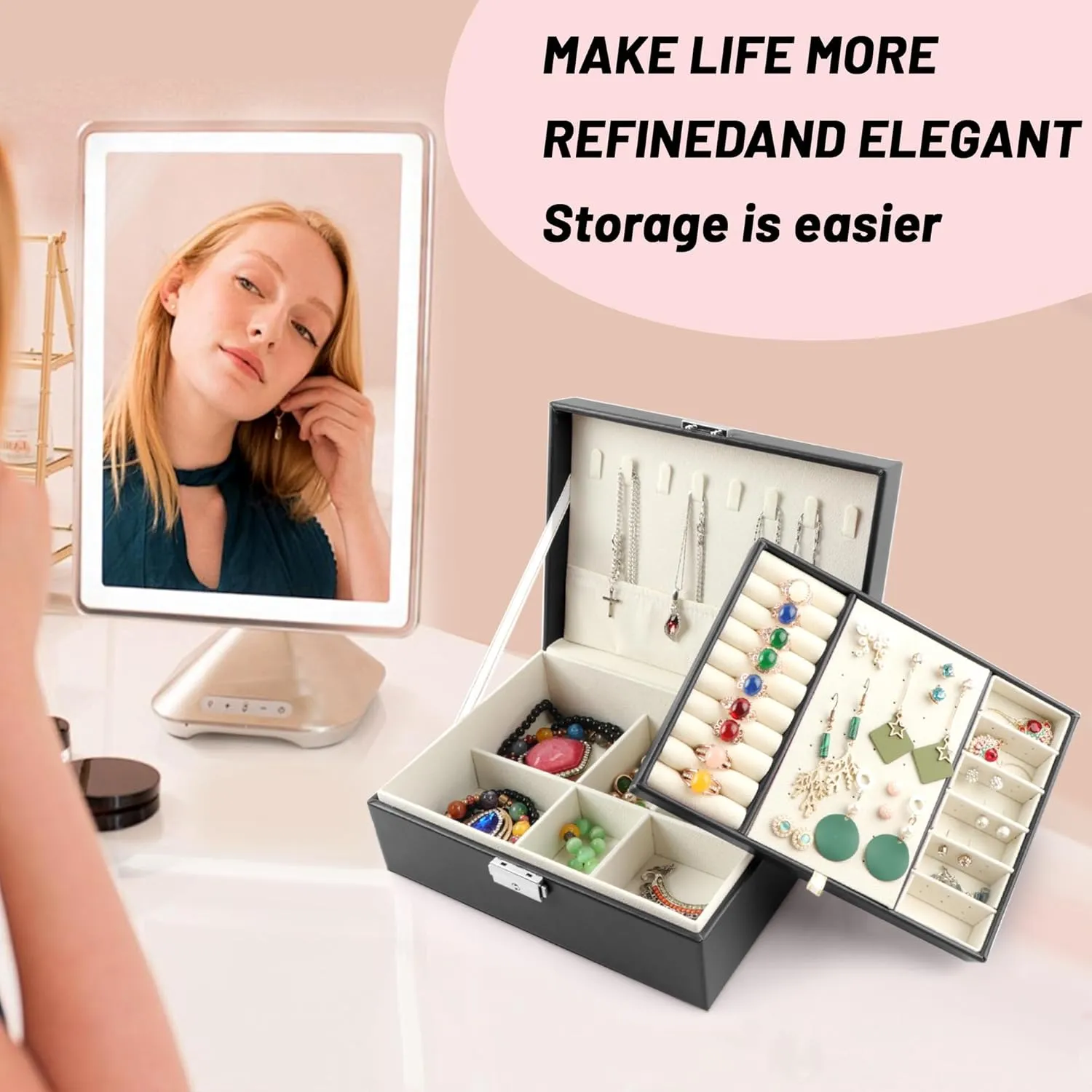 Jewelry box Leather Jewelry boxes for Women Girls Teens Jewelry organizer box Jewelry Storage box with lock(Black) Homeanda discrimination auditory let Jewelry box 2 layer 