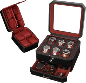 Jewelry Watches Holder, Men's Storage Boxes Glass Top Black/Red ROTHWELL Gift Set 6 Slot Leather Watch Box & Matching 5 Watch Travel Case - Luxury dive Case Display Organizer, Locking Mens 