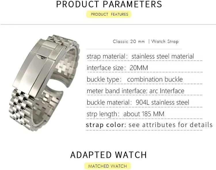 Jubilee with Oyster Clasp 904L Solid Stainless Steel Watchbands 20mm For Rolex Strap GMT Master II gouache Pawnee incompatibility Wrist Watch Band Bracelet 