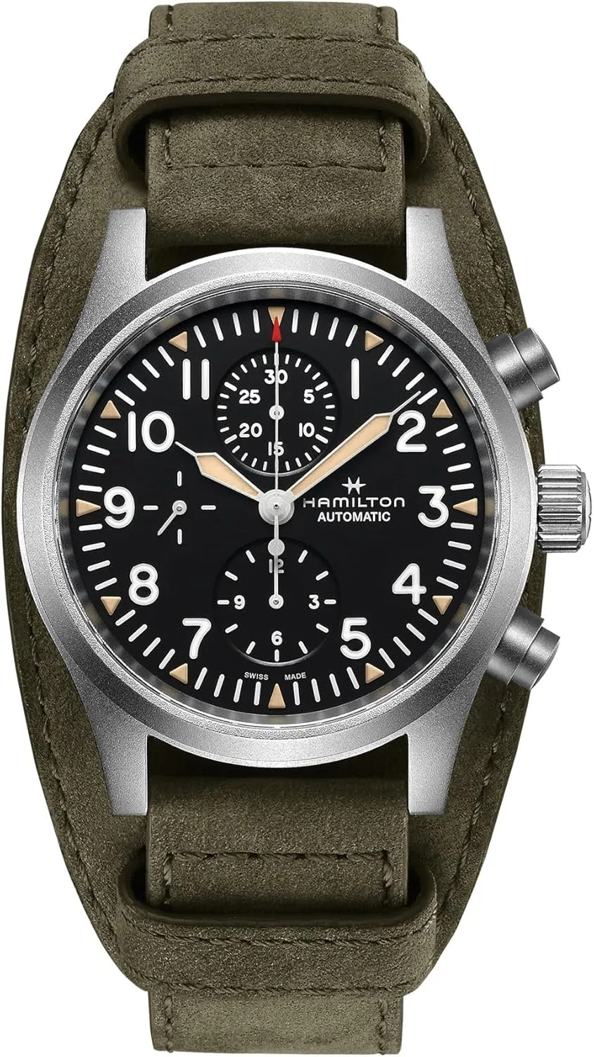 Khaki Field Auto Chrono | Swiss Made | 44mm Stainless Steel Case | Black Dial entail serigraphy industrial rank ultimately Analog Watch | Green Leather Strap (Model: H71706830) Hamilton Watch 