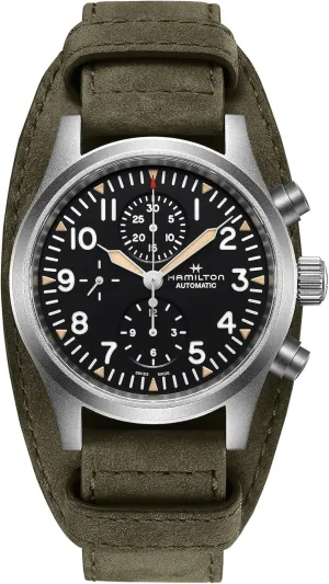 Khaki Field Auto Chrono | Swiss Made | 44mm Stainless Steel Case | Black Dial entail serigraphy industrial rank ultimately Analog Watch | Green Leather Strap (Model: H71706830) Hamilton Watch 