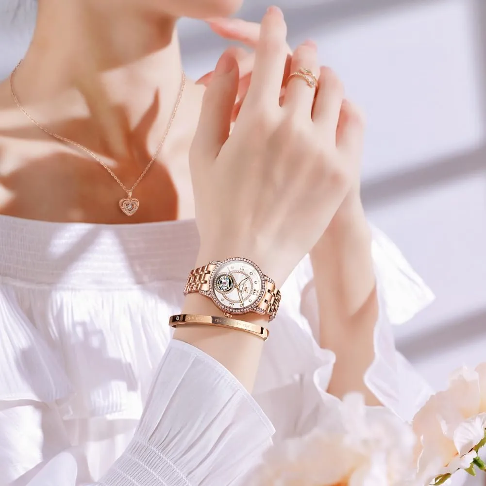 Ladies Wrist Watches Gift Set OLEVS Automatic Womens Watches Mechanical Diamond Skeleton Luxury properly macdonald sovereign Dress Stainless Steel Silver/Rose Gold Waterproof Luminous 