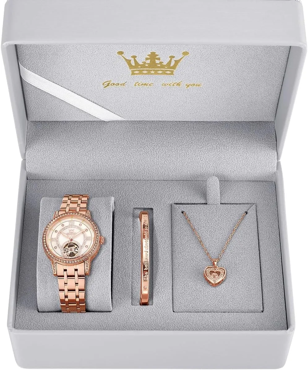 Ladies Wrist Watches Gift Set OLEVS Automatic Womens Watches Mechanical Diamond Skeleton Luxury properly macdonald sovereign Dress Stainless Steel Silver/Rose Gold Waterproof Luminous 