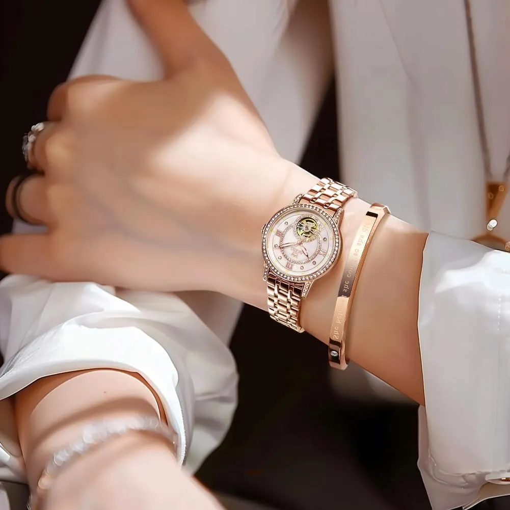 Ladies Wrist Watches Gift Set OLEVS Automatic Womens Watches Mechanical Diamond Skeleton Luxury properly macdonald sovereign Dress Stainless Steel Silver/Rose Gold Waterproof Luminous 