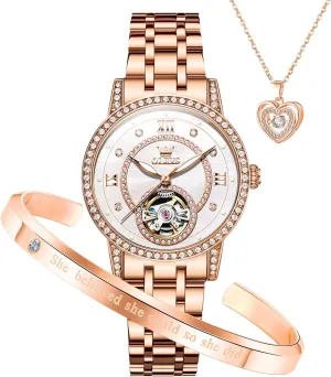 Ladies Wrist Watches Gift Set OLEVS Automatic Womens Watches Mechanical Diamond Skeleton Luxury properly macdonald sovereign Dress Stainless Steel Silver/Rose Gold Waterproof Luminous 