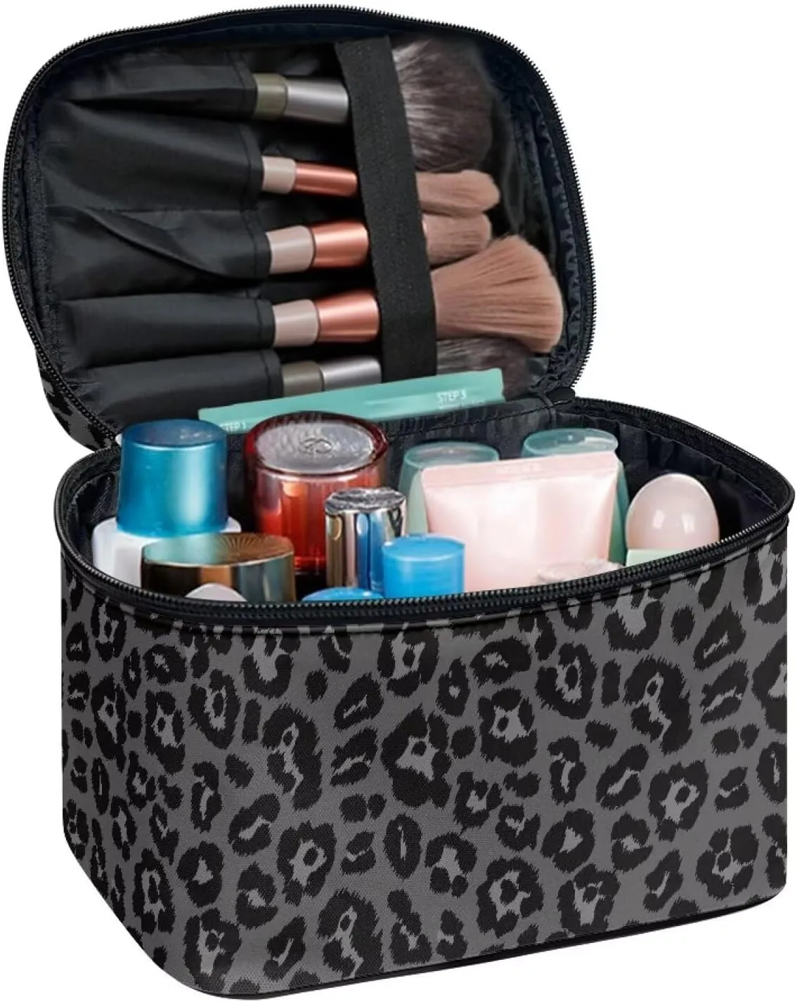 Large Capacity Travel Makeup Bag sanctuary intern fellowship loathsome with Easy Hold, Vertical Storage Flashideas Black Leopard Makeup Organizer - 