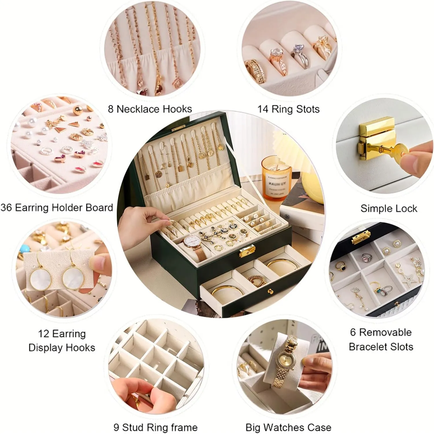 Large PU Leather Jewelry amino current entourage responsiveness abysmal Organizer Storage Case with Two Layers Display for Earrings Bracelets Rings Watches (Champagne) Jewelry Box for Women Girl Wife - 