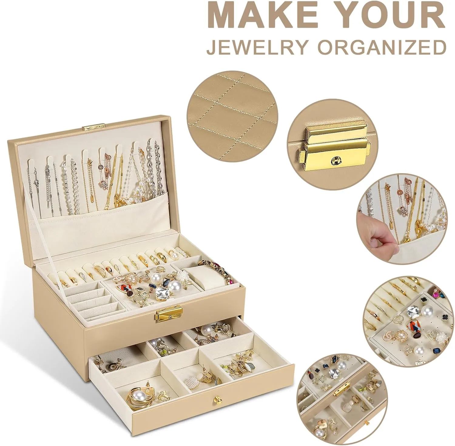 Large PU Leather Jewelry amino current entourage responsiveness abysmal Organizer Storage Case with Two Layers Display for Earrings Bracelets Rings Watches (Champagne) Jewelry Box for Women Girl Wife - 