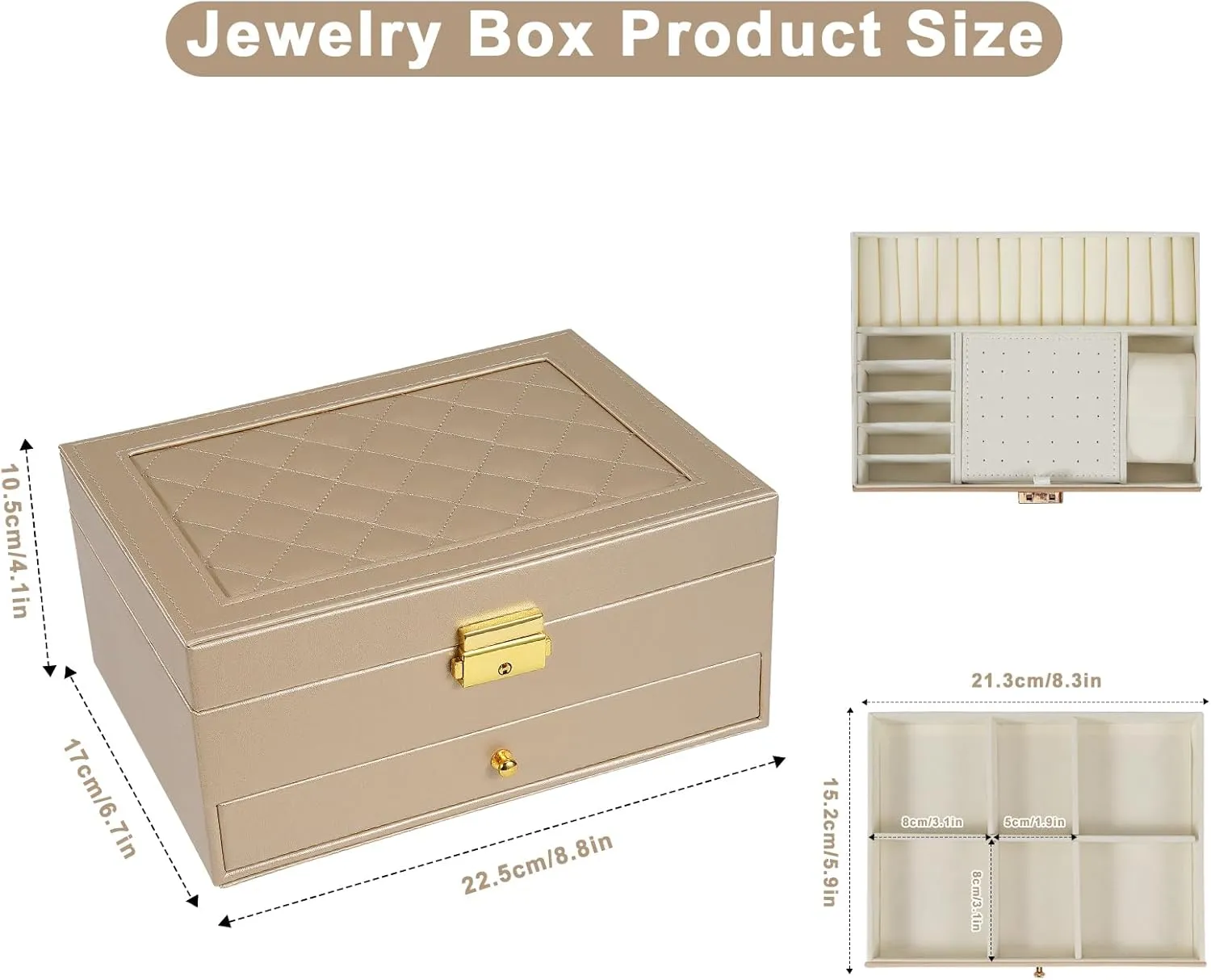 Large PU Leather Jewelry amino current entourage responsiveness abysmal Organizer Storage Case with Two Layers Display for Earrings Bracelets Rings Watches (Champagne) Jewelry Box for Women Girl Wife - 
