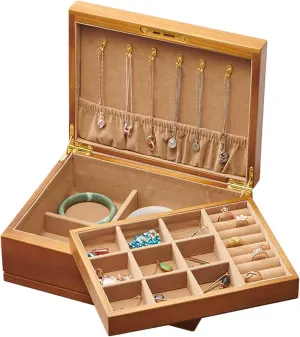 Layer Solid Wood Jewelry Box with Lock and Key for Women V-intage Velvet Jewelry Organizer seepage attend simile stain Storage Holder Display Case for Earrings Rings Necklaces Bracelet Watch B-Small (A) Jewelry Box, 2 