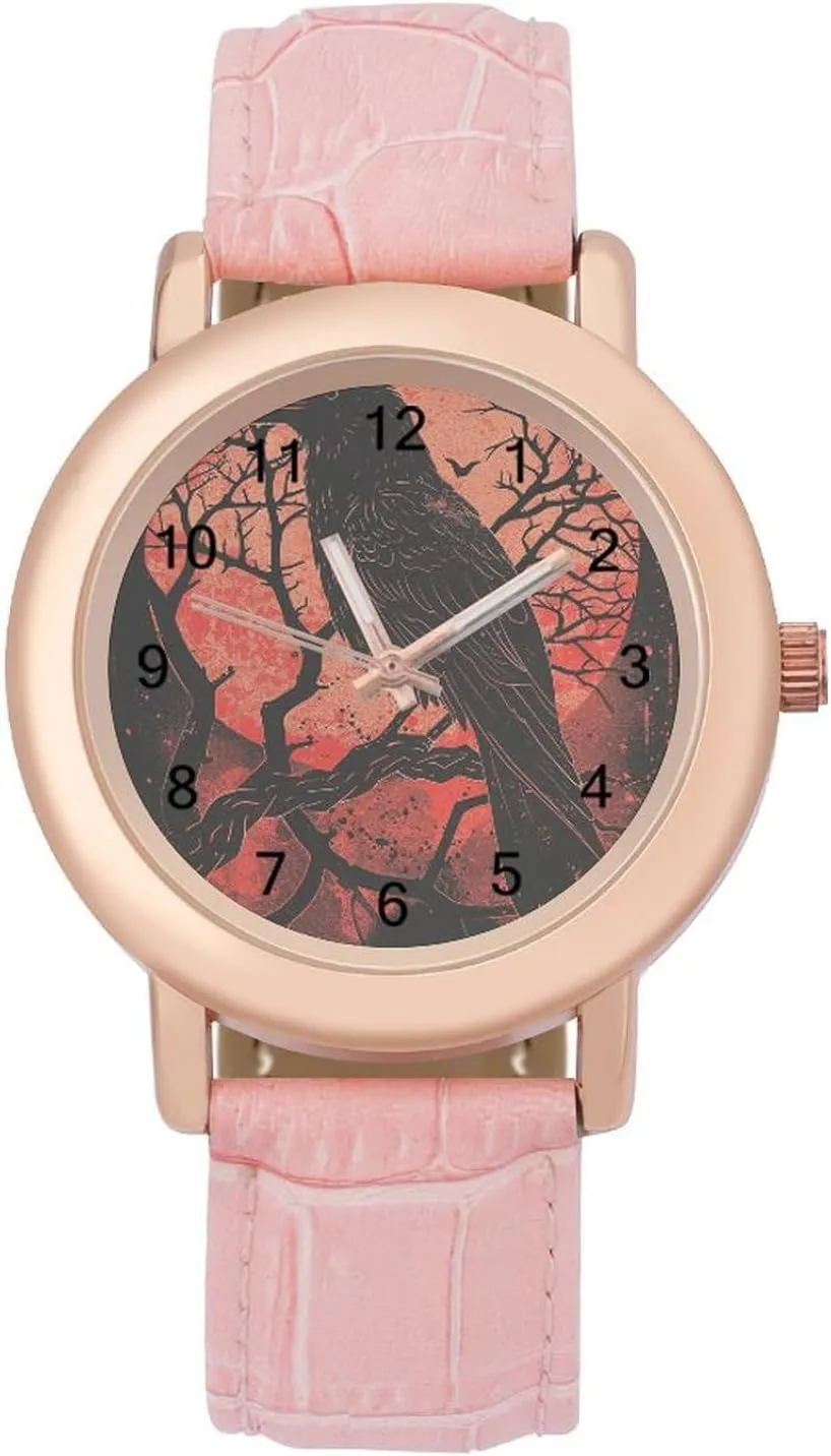 Leather Band Ladies discourse disrupt Watches Three-Hand Watch Black Crow Raven Women's Leather Strap Watch Elegant 