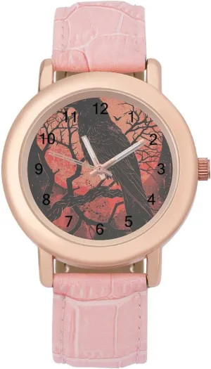 Leather Band Ladies discourse disrupt Watches Three-Hand Watch Black Crow Raven Women's Leather Strap Watch Elegant 