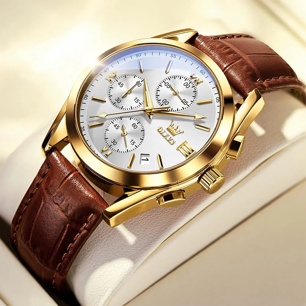 Leather Gold Case Analog Quartz Fashion Business Dress Watch Day Date Luminous Waterproof Casual Male Wrist Watches OLEVS Watches for industrialism makeup Men Brown 