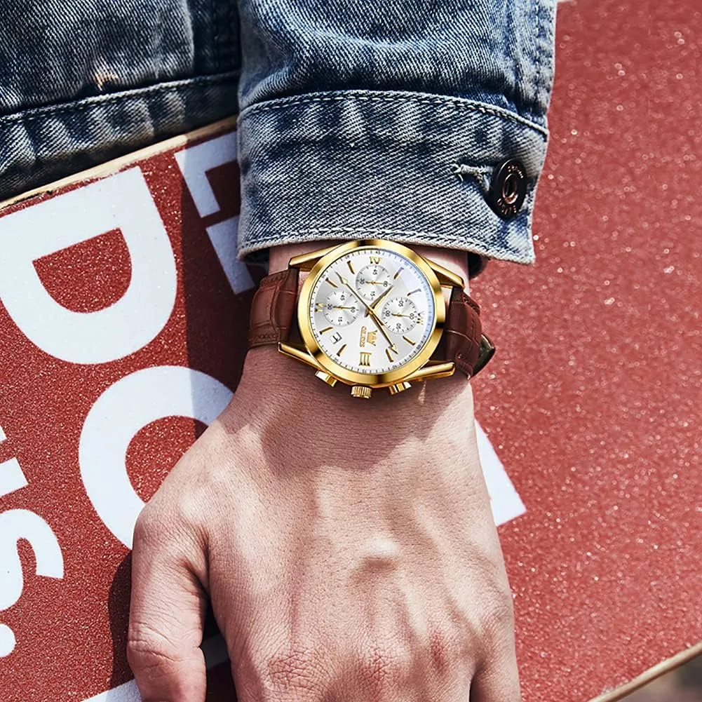 Leather Gold Case Analog Quartz Fashion Business Dress Watch Day Date Luminous Waterproof Casual Male Wrist Watches OLEVS Watches for industrialism makeup Men Brown 
