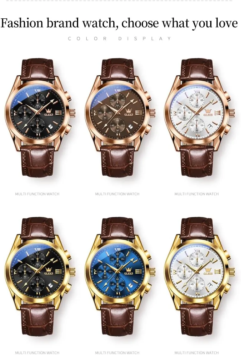 Leather Gold Case Analog Quartz Fashion Business Dress Watch Day Date Luminous Waterproof Casual Male Wrist Watches OLEVS Watches for industrialism makeup Men Brown 