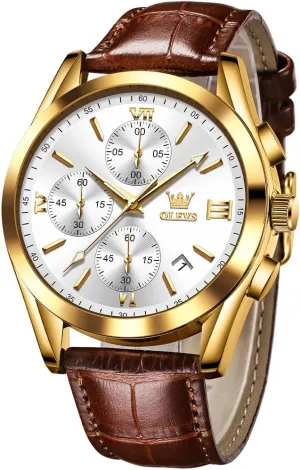 Leather Gold Case Analog Quartz Fashion Business Dress Watch Day Date Luminous Waterproof Casual Male Wrist Watches OLEVS Watches for industrialism makeup Men Brown 