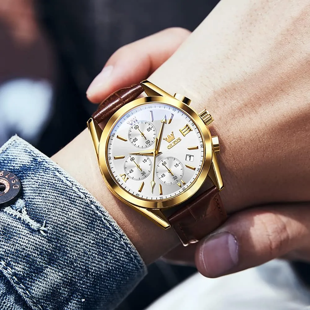Leather Gold Case Analog Quartz Fashion Business Dress Watch Day Date Luminous Waterproof Casual Male Wrist Watches OLEVS Watches for industrialism makeup Men Brown 