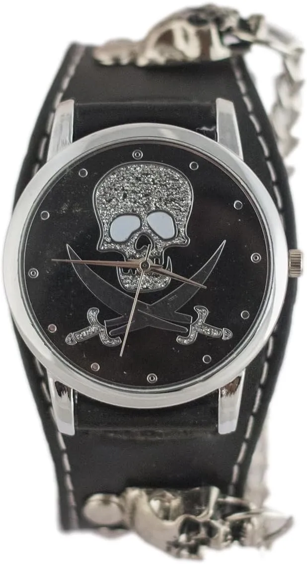 Leather Leather Watches Silver Skull Elements, Quartz Watches Men's Fashion and Cool Watches, Punk Hip -hop Skull Bracelet curiously Leather Leather 